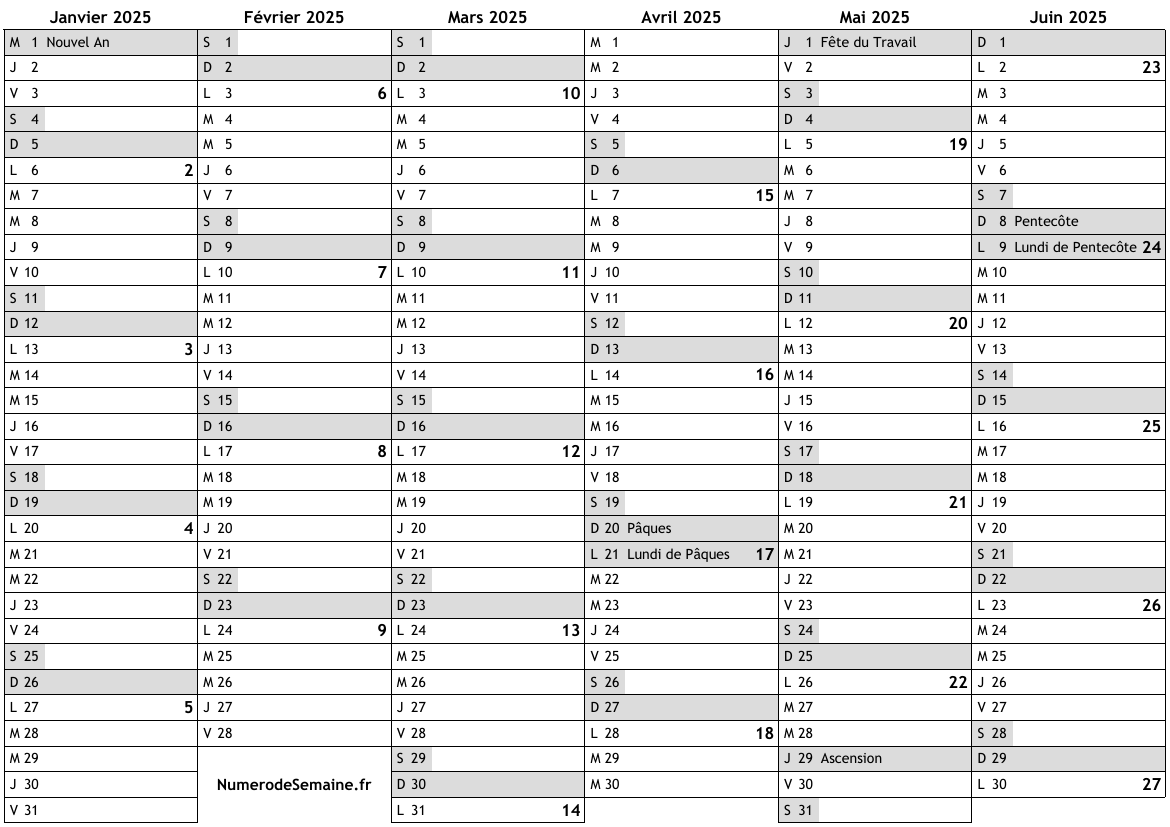 Calendrier 2025 avec jours fériés en Belgique et numéro des semaines