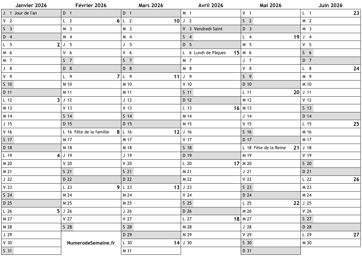 Calendrier 2026 avec jours fériés en Canada et numéro des semaines … impression, gratuit 