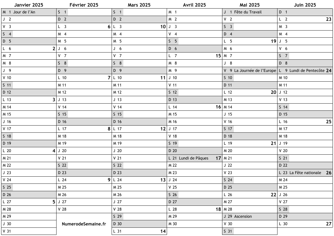 Calendrier 2025 avec jours fériés en Luxembourg et numéro des semaines … impression, gratuit 