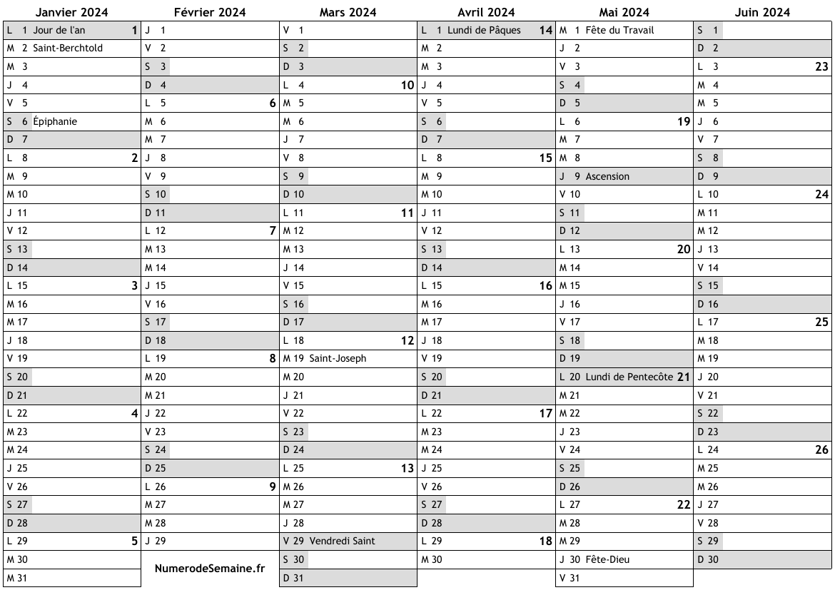 Calendrier 2024 avec jours fériés en Suisse et numéro des semaines