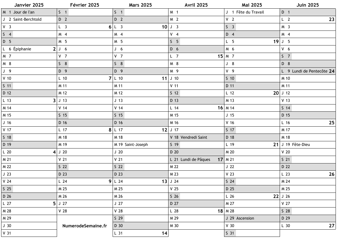 Calendrier 2025 avec jours fériés en Suisse et numéro des semaines … impression, gratuit 